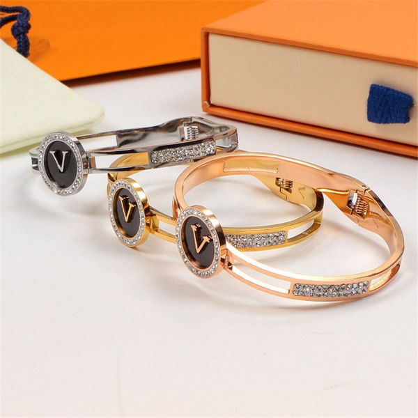 

hollow diamond letter charm bracelets with box titanium steel luxury bangle classic elegant seiko fashion bracelet, Golden;silver
