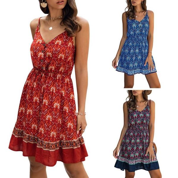 

casual dresses 2021 summer fashion sling print v-neck button elastic waist tether women dress, Black;gray