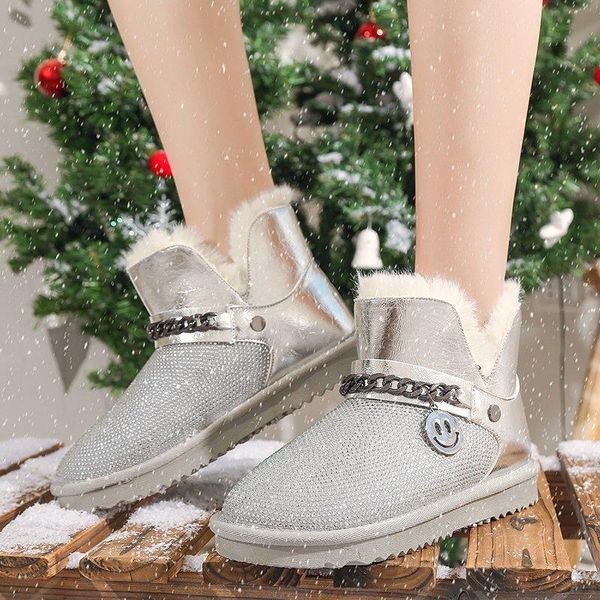 

boots rimocy fashion smile chain crystal ankle women winter thick short plush snow woman non-slip chunky platform shoes, Black