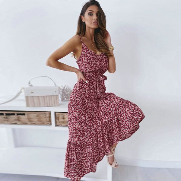 

women bohemian flower printed sashes party dress sleevless v neck ruffled elegant casual dress summer new fashin dress 210412, Black;gray