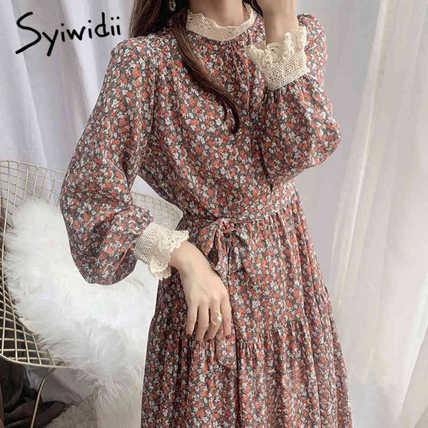 

syiwidii dresses for women floral print lace neck plus size dress long sleeve spring autumn sweet midi dresses for women party 210417, Black;gray