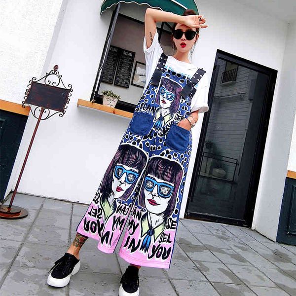 

pants thailand tide brand summer hong kong-style women graffiti printed polka dot denim bib wide leg pants trend, Black;white