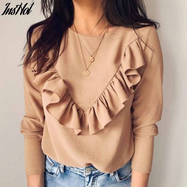 

long sleeve elegant women blouses lady office work ruffles o-neck khaki shirts white black autumn blusas 210514