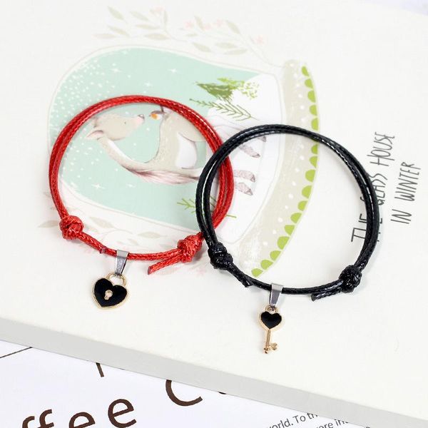

charm bracelets fashion couple bracelet wax rope braclet adjustable key heart pendant braslet waterproof braid lucky red thread brazalete, Golden;silver