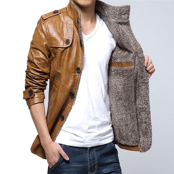 

men's fur & faux men pu leather jackets autumn winter smart casual jacket slim stand collar business coat, Black
