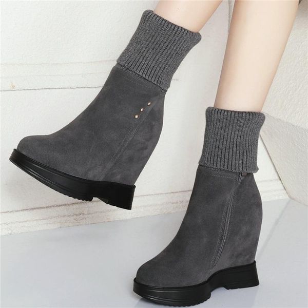 

dress shoes knitting trainers women genuine leather wedges high heel pumps female round toe fashion sneakers casual, Black