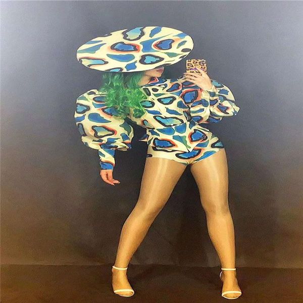 

party decoration h04 catwalk stage performance colorful 3d printed outfits female bubble sleeves bodysuit split singer shorts cosplay h