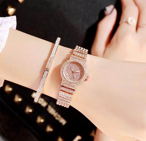 

wristwatches 30 gold tri-color quartz watch fashion casual compact set steel band starry ladies rhinestone, Slivery;brown