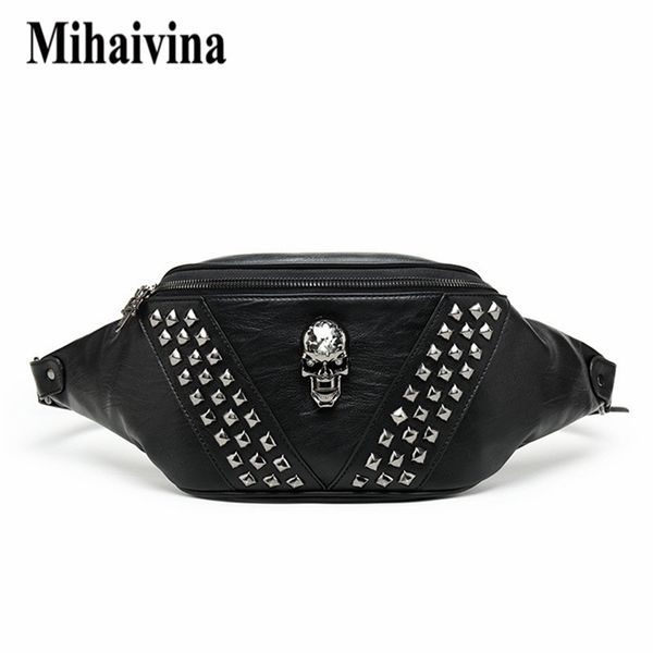 Mihaivina Punk Rivet Skull Мужская поясная сумка женская черная поясная сумка кожаная грудь s женское плечо мессенджер Bum s 220216