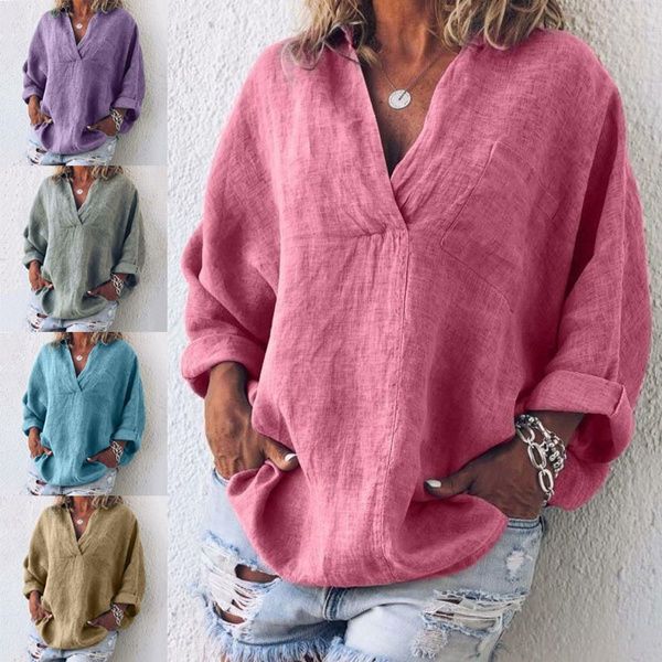 

plus size fashion clothes women's long sleeve chiffon blouses ladies loose t-shirts solid color deep linen v-neck blouses xs-8xl, White