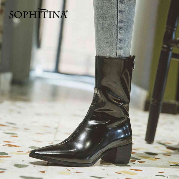 

sophitina fahion ankle boots golden pointed toe square chunky high heel zip autumn manmade quality work booties po723 210513, Black