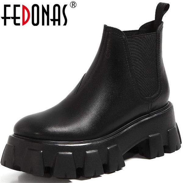 

boots fedonas platform motorcycle for women chunky heels ankle 2021 winter party basic shoes woman, Black