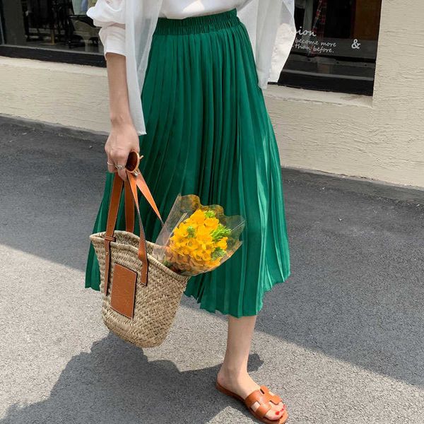 

summer simple high waist silm pleated skirts women temperament all-match jupe female elegant fresh fashion woman bottoms 210525, Black