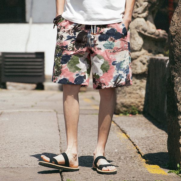 

a 976 beach pants flax male national wind restoring ancient ways popular logo summer flower shorts male loose big yards fatty 5, Blue