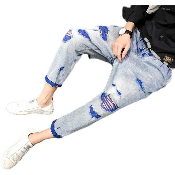 

men's jeans trendy male hip hop ripped denim trend ankle length pants loose handsome fashion summer harem, Blue
