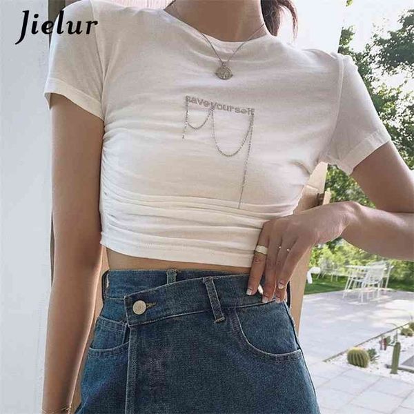 

chic metal chain crop t-shirt short sleeve o-neck slim black white women's summer s hipster tee 210426