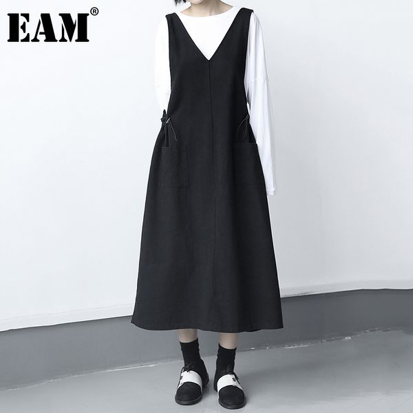 

[eam] women black strap drawstring pocket casual dress v-neck sleeveless loose fit fashion spring summer 1dd8330 210512, Black;gray