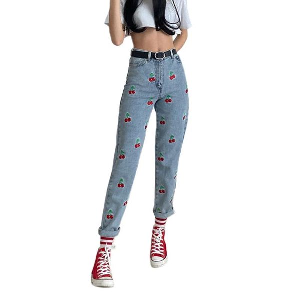 

high waisted straight denim harem pants mom women's 2021 casual cherry embroidery trousers y2k streetwear fashion ins & capris, Black;white