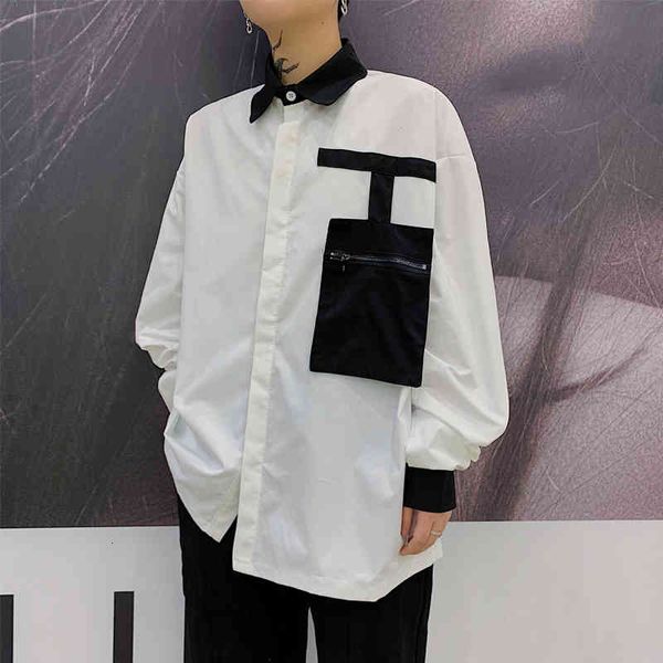 

men's casual shirts men black pocket splice long sleeve shirt male streetstyle fashion vintage loose shirts1 80vy, White;black