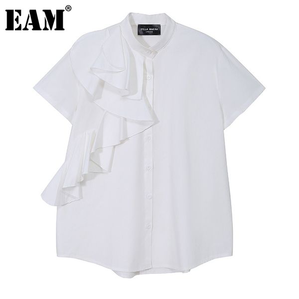 

[eam] women white irregular ruffles blouse lapel short sleeve loose fit shirt fashion spring summer 1dd5930 21512