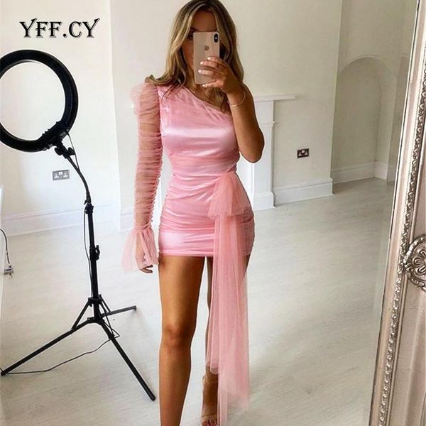 

casual dresses mesh women slash neck one shoulder ruched mini dress fashion pearl elegant puff sleeve celebrity outfit short pink party, Black;gray