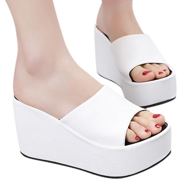 

women shoes slip on peep toe lady wedges heel solid platform female sandal fashion slippers sandalias plataforma mujer sandals, Black