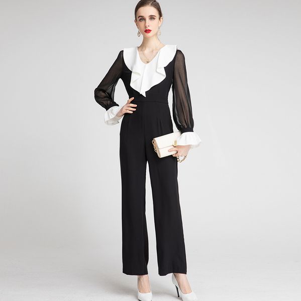 

women's runway jumpsuits& rompers v neck long sleeves ruffles color block full pants, Black;white