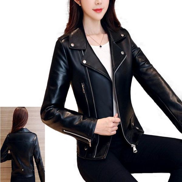

women's leather & faux shzq ladies spring and autumn black jacket zipper basic coat turn-over collar motorcycle top