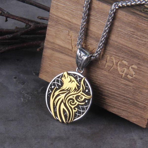 

pendant necklaces nordic viking stainlesss steel yggdrasil wolf rune necklace with wooden box as men gift, Silver