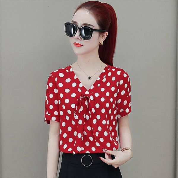

spring summer style polka dot women blouses printed casual short sleeve chiffon blusas df3119, White