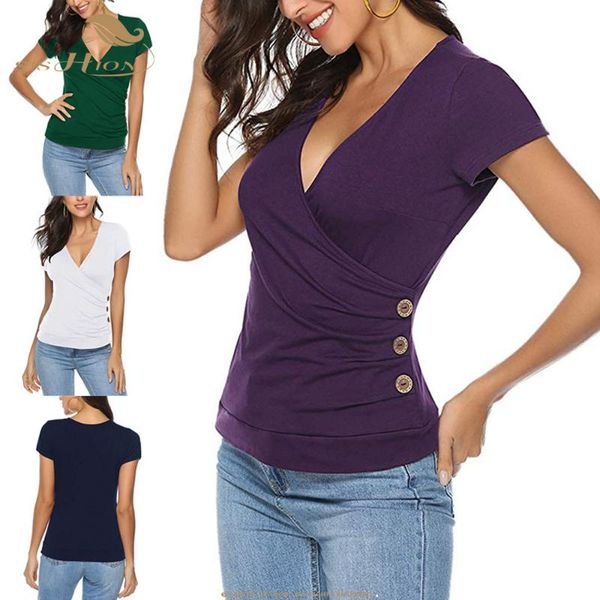 

women's t-shirt sishion ladies women short sleeve slim 2021 summer casual v neck tees arrival sp1015, White