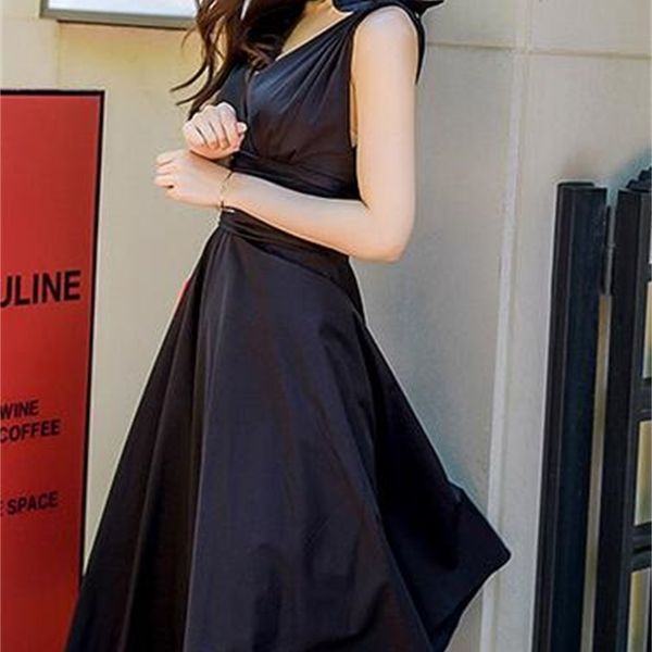 

korean version of the summer's latest temperament v-neck pleated waist sleeveless large, Black;gray