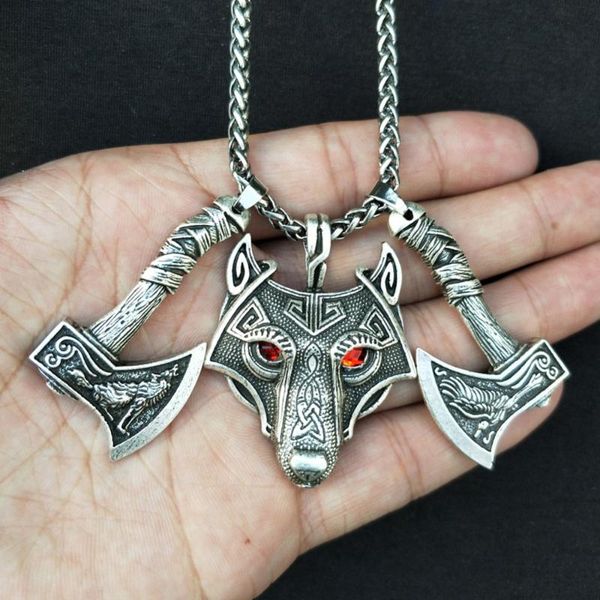 

pendant necklaces norse wolf and odin raven slavic axe necklace original animal head hange viking wiccan pagan amulet witch jewelry, Silver