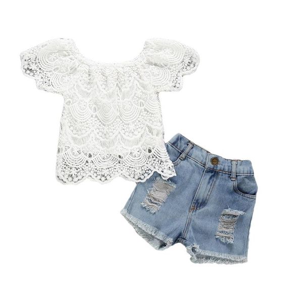 

clothing sets girl's 2pcs summer clothes set solid color lace flower short sleeve boat neck with ripped jeans, White