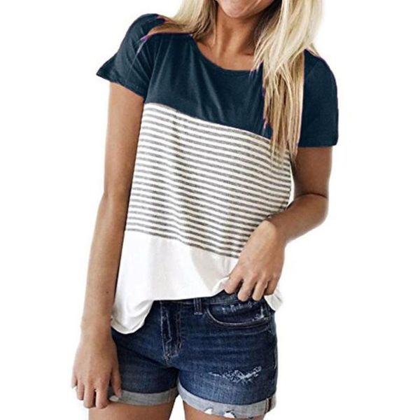 

female 2021 women's summer cotton shirts short sleeve triple color block stripe shirt casual blouse for women #th blouses &, White