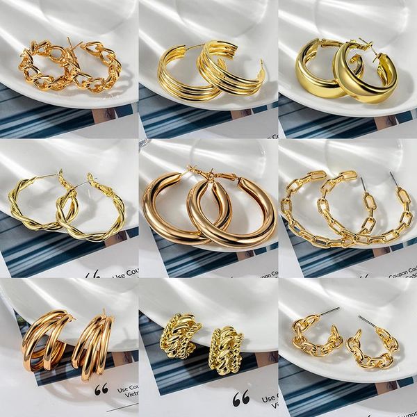 

hoop & huggie vintage gold metal round earrings for women korean fashion geometry hanging set 2021 trend female jewelry gift, Golden;silver