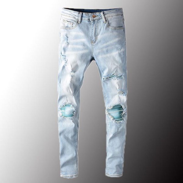 

men's jeans light blue patchwork ripped biker streetwear slim skinny holes distressed stretch denim pants plus size 4xl