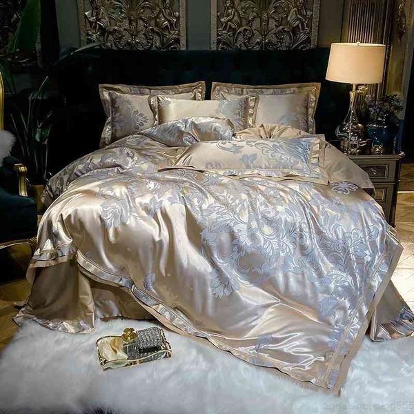 

silver grey luxury satin jacquard cotton  king 4pcs silky bedding set duvet cover 1 bed sheet 2 pillowcases