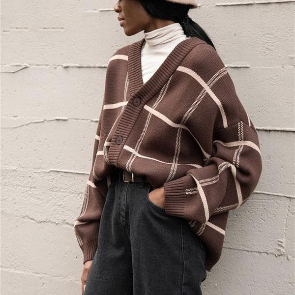 

women's knits & tees 2021 plaid cardigan sweater women long sleeve autumn winter coat button up knitted oversized ladies top, White
