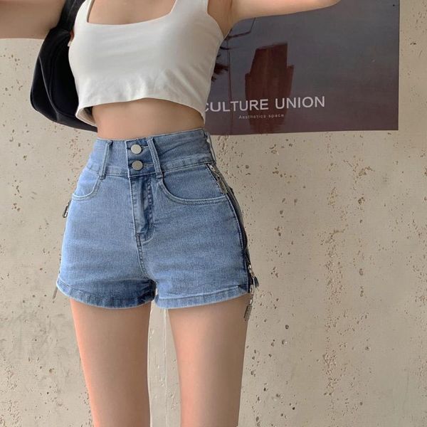 

fashion denim shorts 2021 summer retro high waist zipper all-match slim women's jeans, Blue