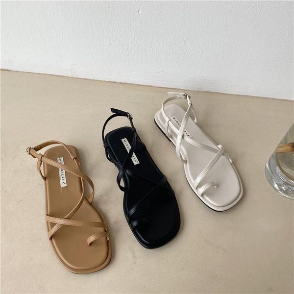 

sandals fashion womens shoes 2021 all-match flip flops platform flat suit female beige cross summer heels mid-calf strap luxury, Black