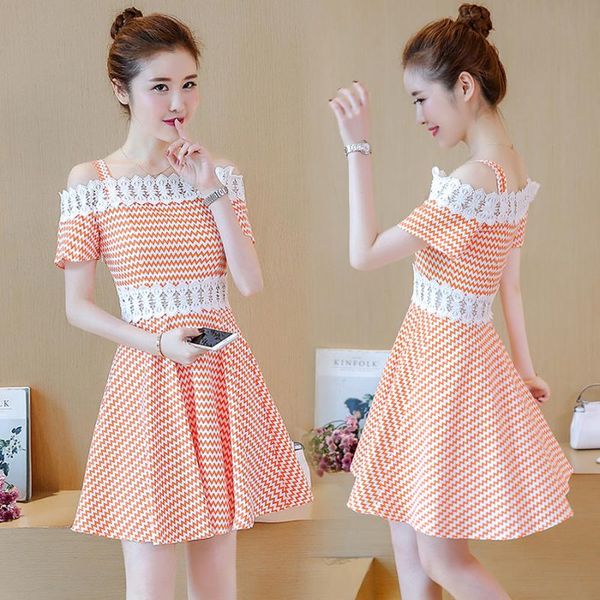 

casual dresses 2021 korean vintage lace boho sundress summer plus size striped beach mini elegant women party off shoulder vestidos, Black;gray