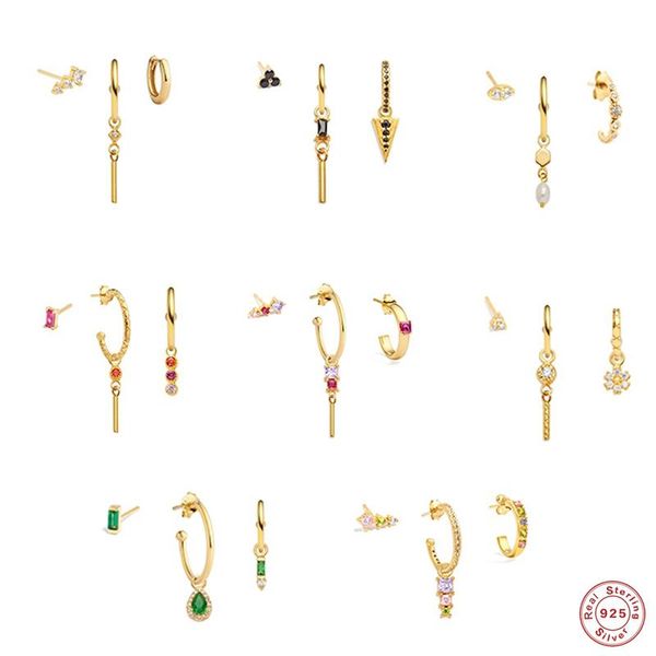 

stud 3pcs/set colorful zircon earring 925 sterling silver for women brincos oorbellen pendientes plata fine jewerly, Golden;silver