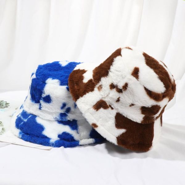 

wide brim hats winter cow print plush bucket for women tourism outdoor warm hat soft faux fur fisherman cap lady fashion panama presen, Blue;gray