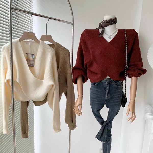 

women's sweaters solid fashion designed cropped sweater women cross collar chic fall knitted pullovers autumn soft warm sueter mujer 20, White;black