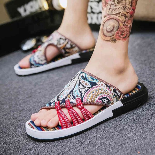 

summer men sandals outdoor retro printed flip flops male non-slip hollow casual shoes walking slides beach, Black