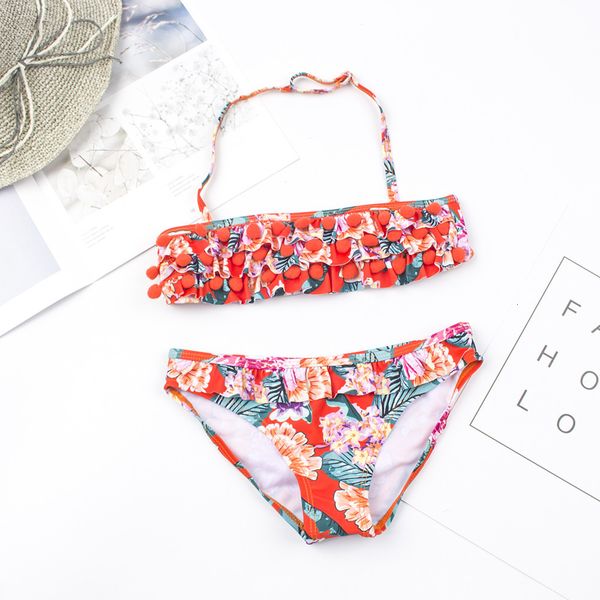 

2-8 years flower print swimwear swimsuit hairball children set biquini infantil kids girls bikini a156