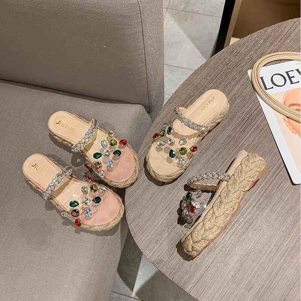 

women's outdoor slippers 2021 summer net red fashion rhinestone twine word transparent sandals, Black