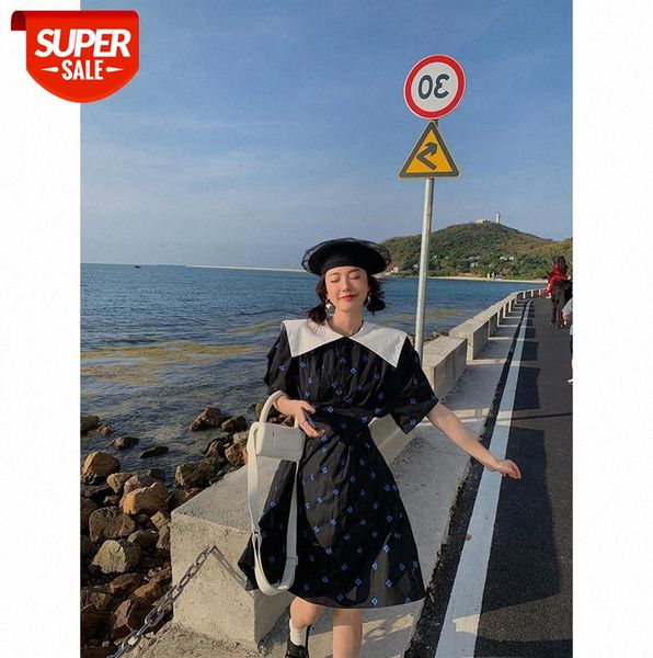 

small sweet and playful doll collar contrast color lapel pleated print waist dress mid-length #zs5i, Black;gray