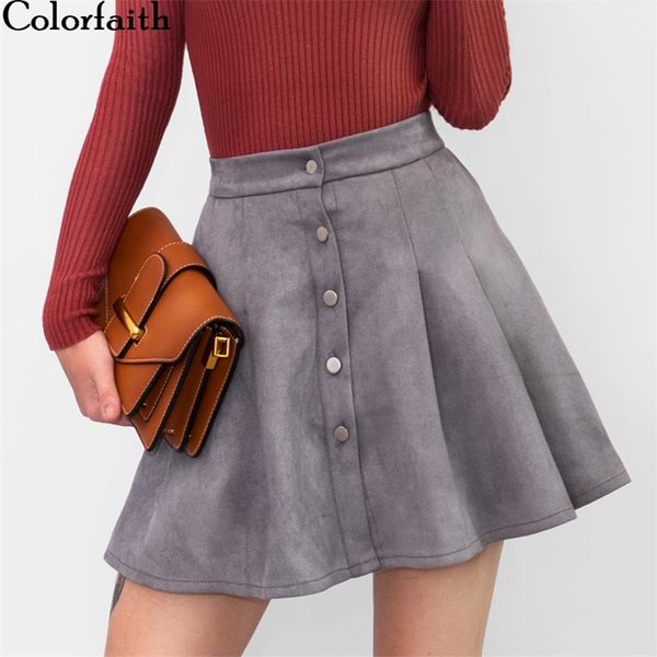 

women multi colors suede a-line mini skirt autumn winter buttons girls skater high waist femininas sk5550 210427, Black